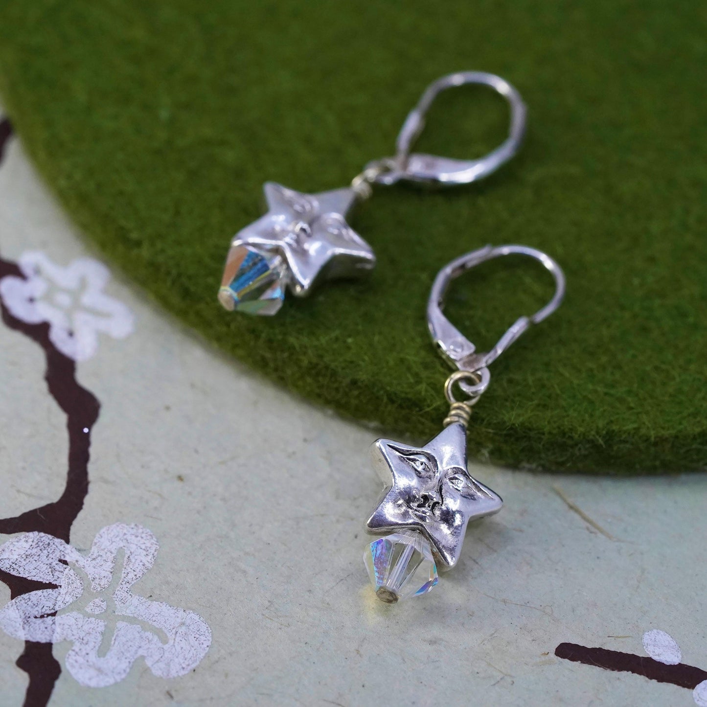 Vintage Sterling silver earrings, Mexico 925 silver analog man star face drops