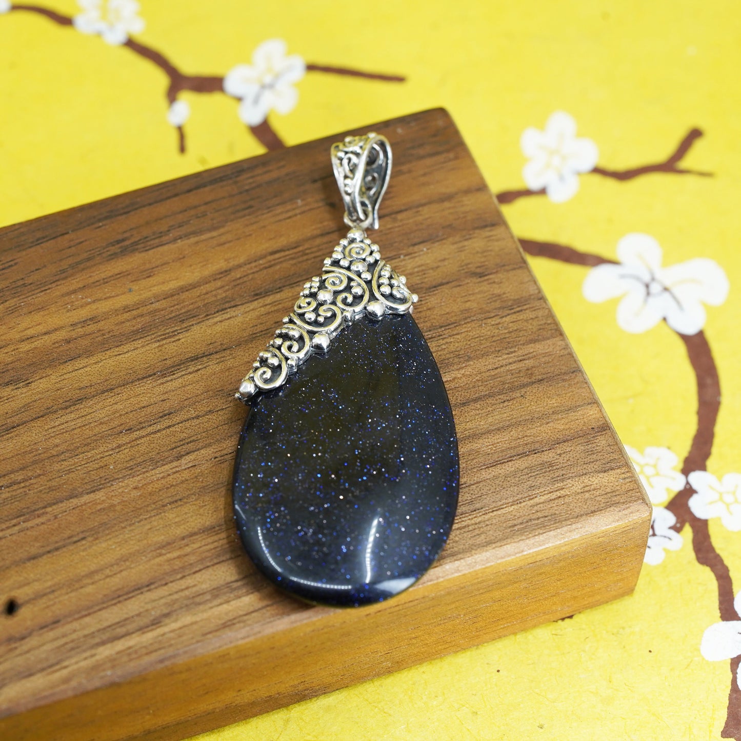 Sajen Sterling 925 silver handmade pendant with blue glittering goldstone