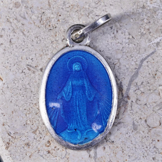 Vintage sterling silver Virgin Mary pendant, 925 double sided enamel tag charm