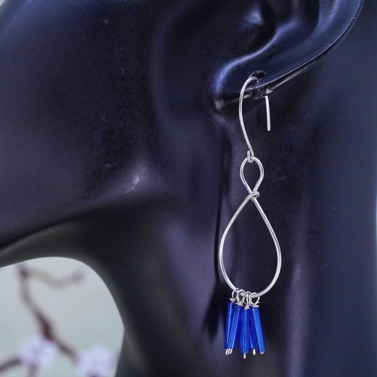 sterling silver wired earrings, 925 infinity loops cluster blue tube fringe