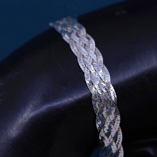 7", 8mm, vintage Sterling silver bracelet, textured 925 herringbone woven chain