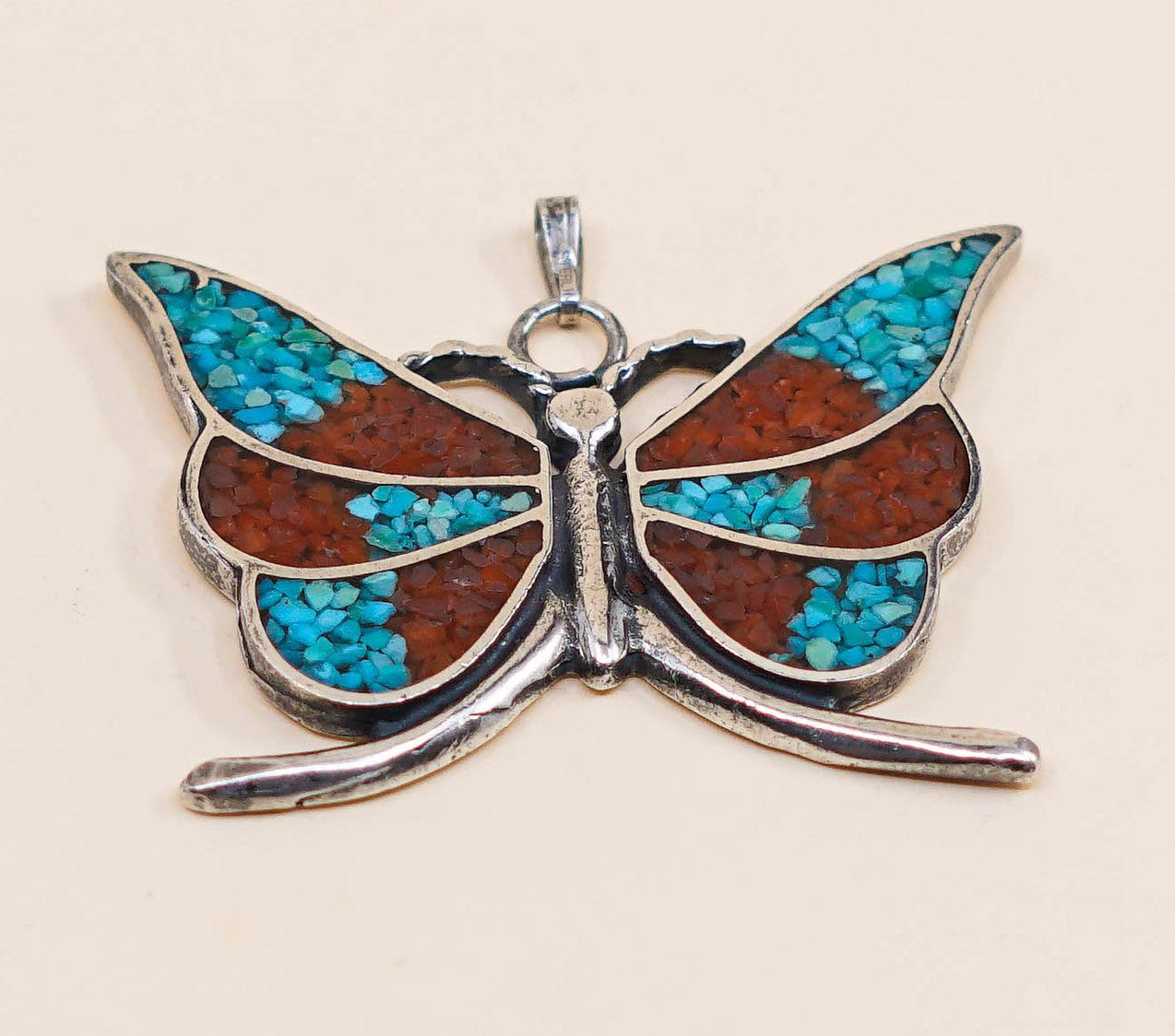 VTG sterling silver pendant, Native American 925 butterfly w/ turquoise n coral