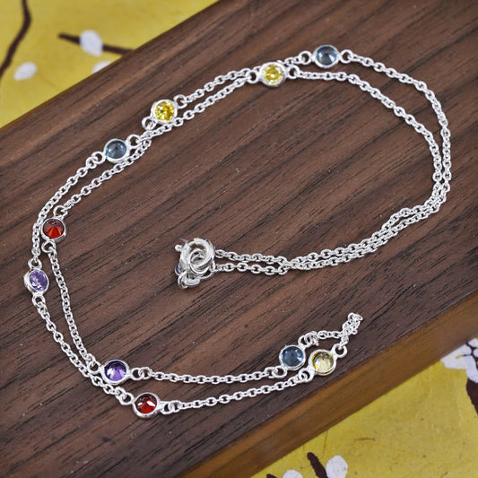 18”, Sterling silver handmade necklace, 925 circle chain with colorful crystal