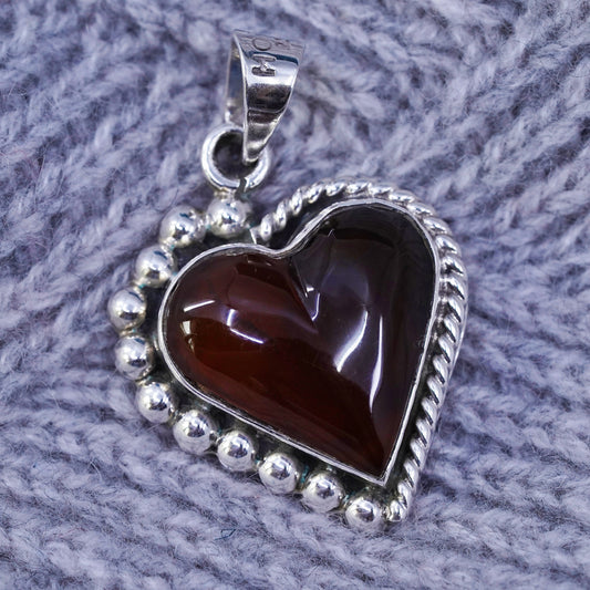 Vintage Mexican Sterling 925 silver handmade pendant with amber heart and beads