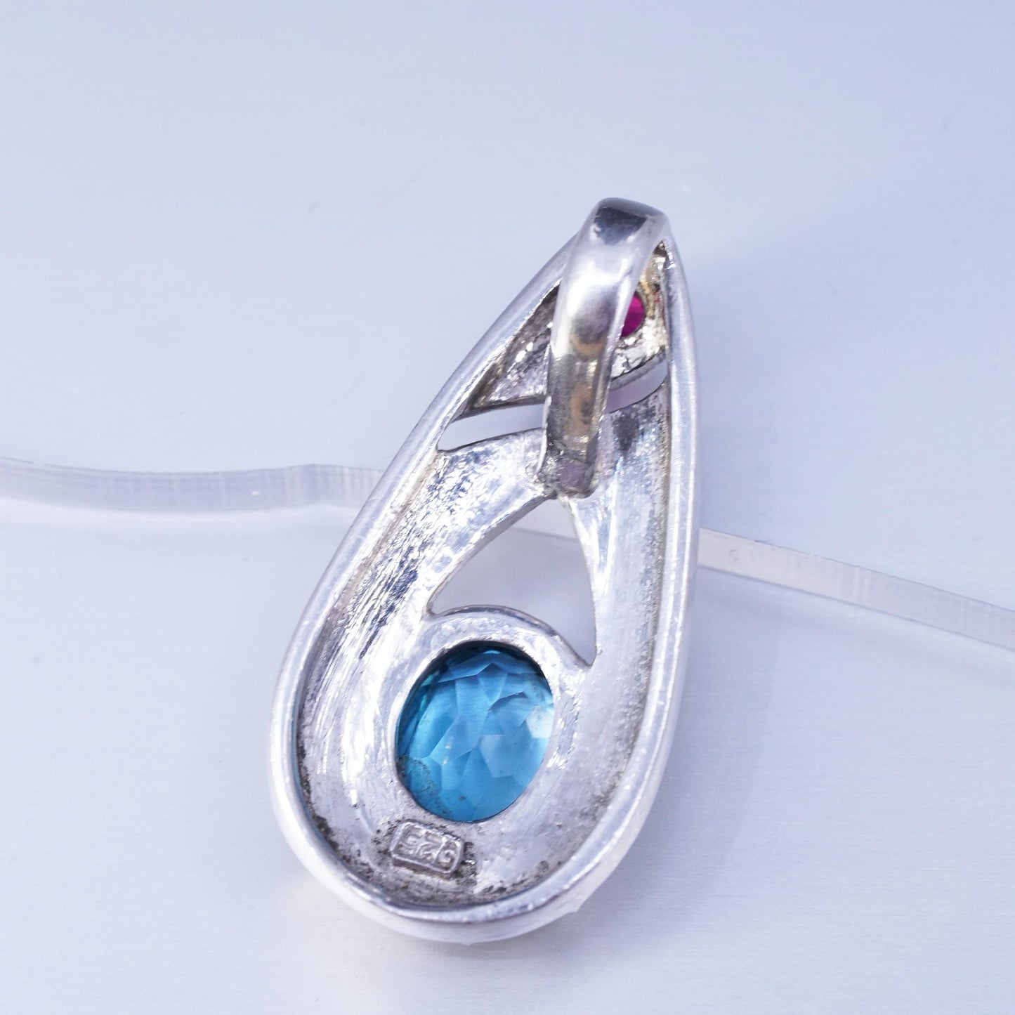 Vintage sterling 925 silver teardrop pendant with blue topaz and ruby