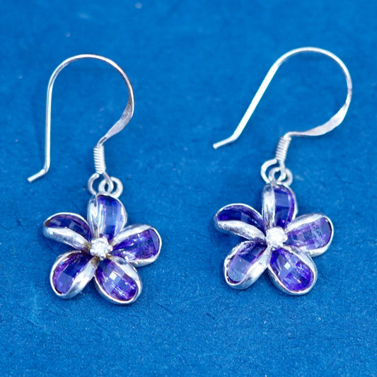 Vintage sterling 925 silver handmade plumeria flower earrings with amethyst