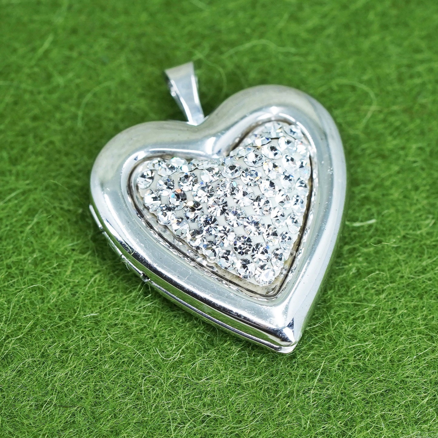 Vintage sterling silver photo locket charm pendant, 925 heart with cluster cz