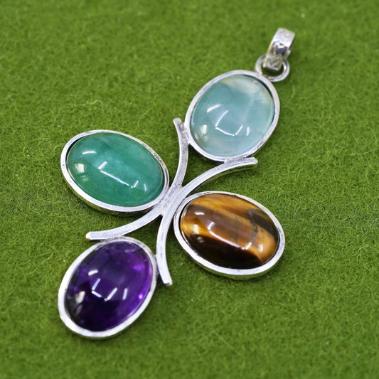 Southwestern sterling silver pendant, 925 cross jade golden tiger eye amethyst