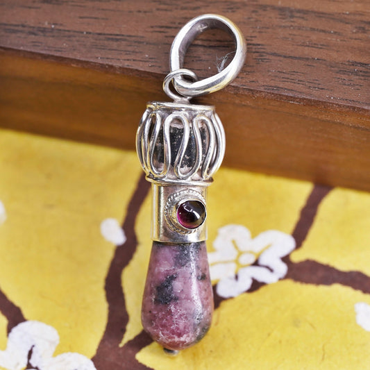 Vintage Sterling 925 silver handmade pendant with pink Rhodonite and garnet