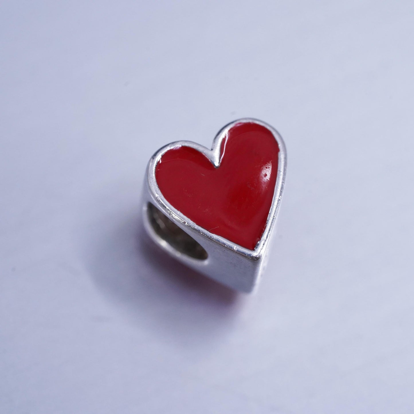 Vintage Sterling silver handmade charm, 925 red enamel heart bead