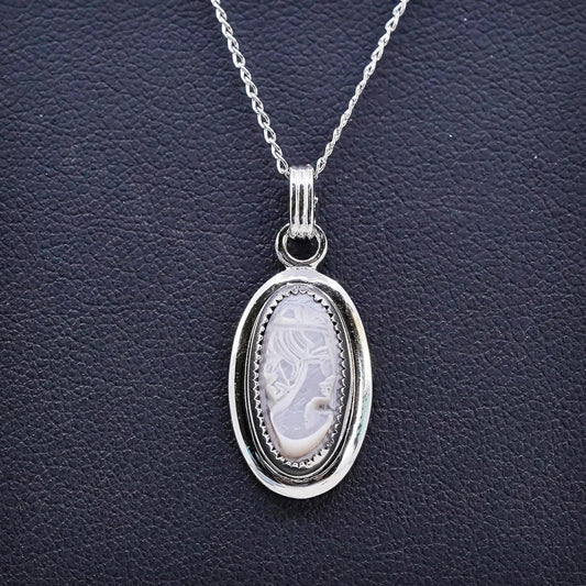 16+2” Sarah Coventry Sterling silver necklace, 925 oval pendant w/ cameo woman