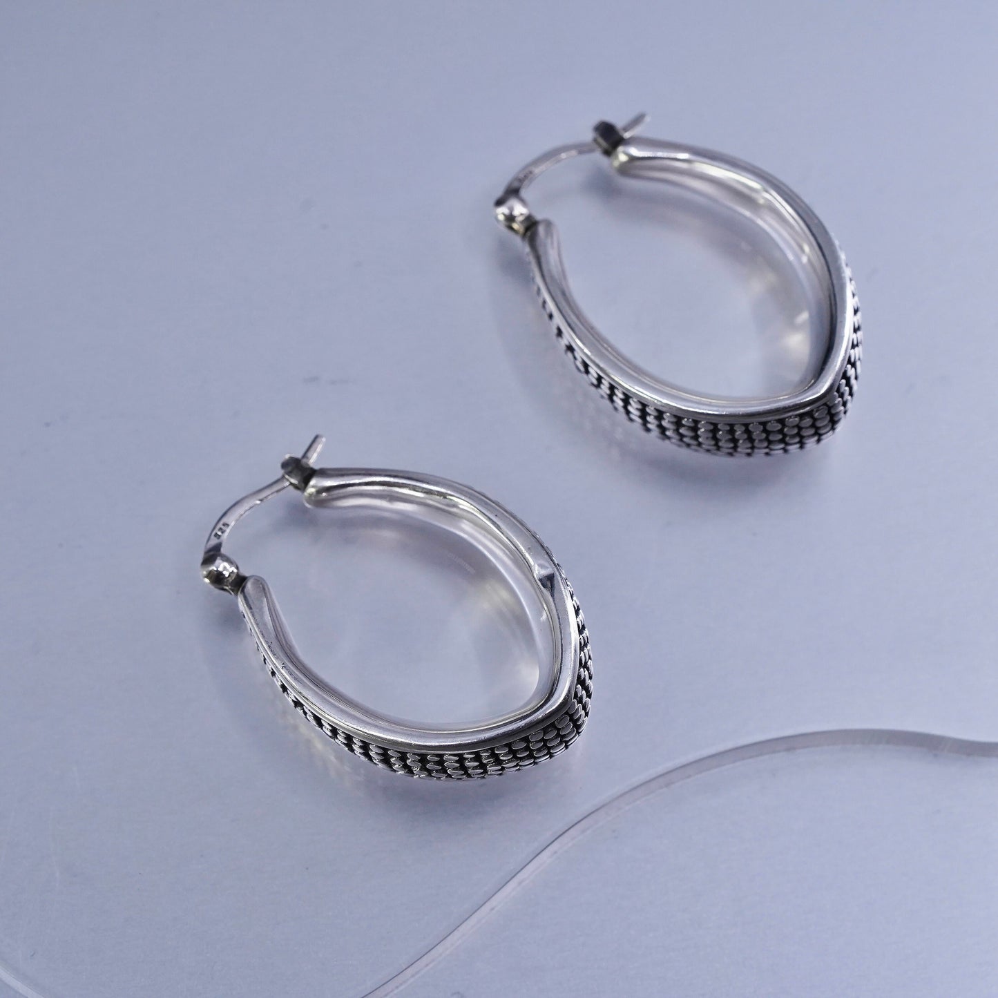 1.25”, vintage Sterling silver handmade earrings, puffy 925 beaded hoops