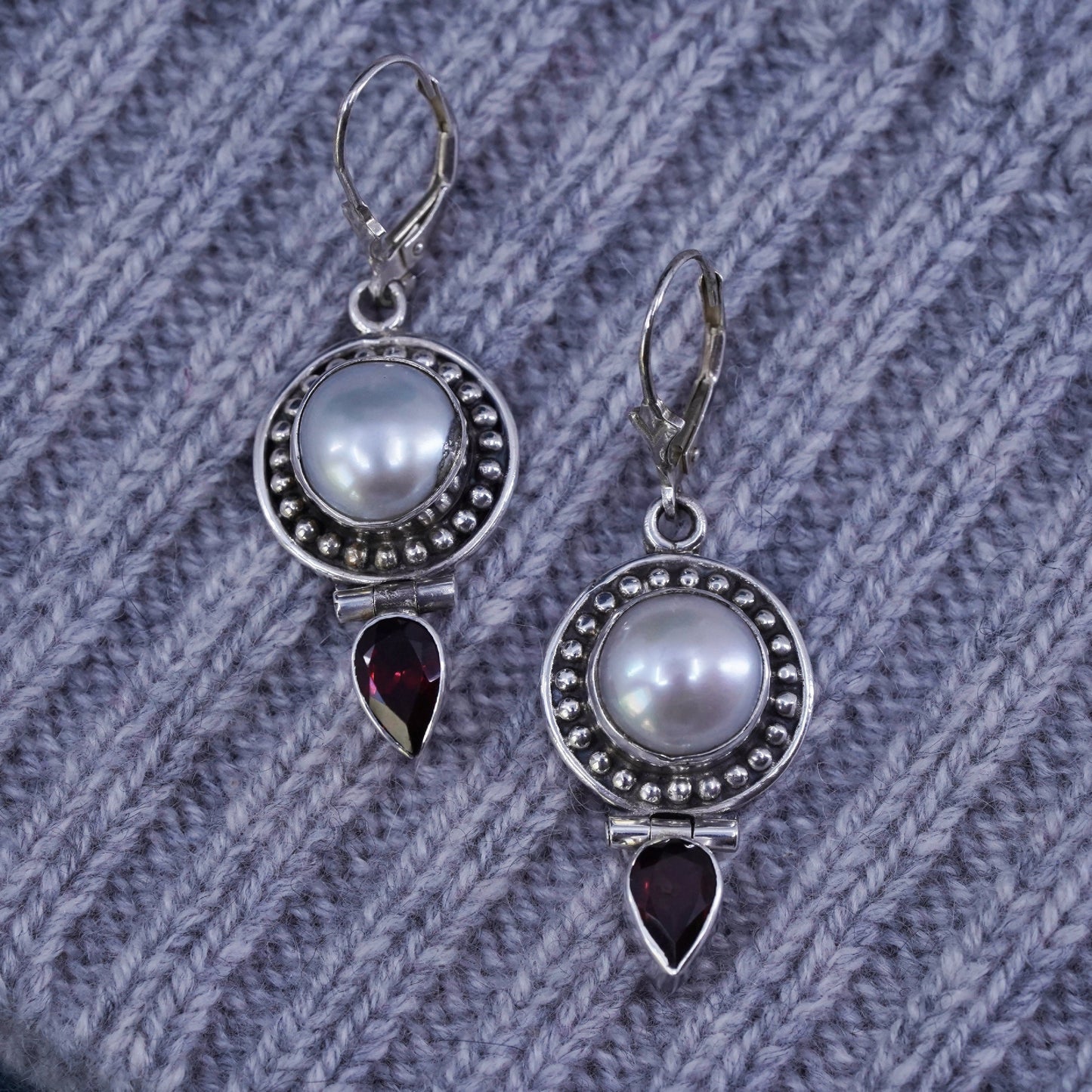 Vintage sterling 925 silver handmade earrings with pearl and teardrop ruby