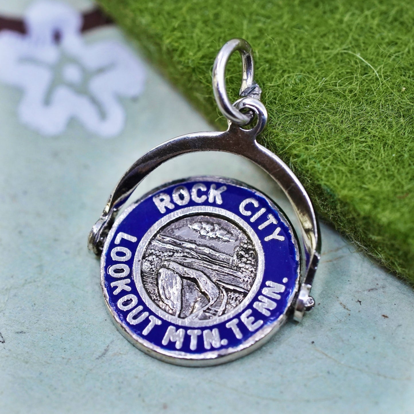 sterling silver pendant, 925 enamel tag charm “Rock City lookout Mtn. Tenn.”