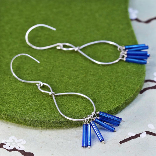 sterling silver wired earrings, 925 infinity loops cluster blue tube fringe