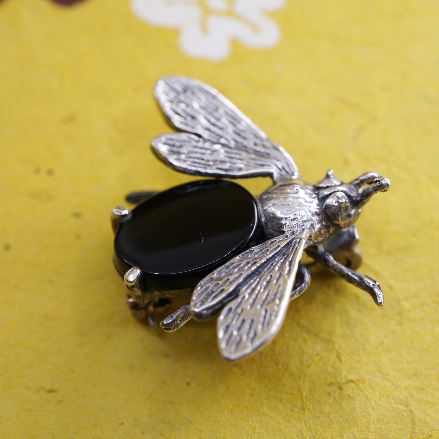 VTG handmade sterling silver brooch, Solid 925 silver bee marcasite obsidian