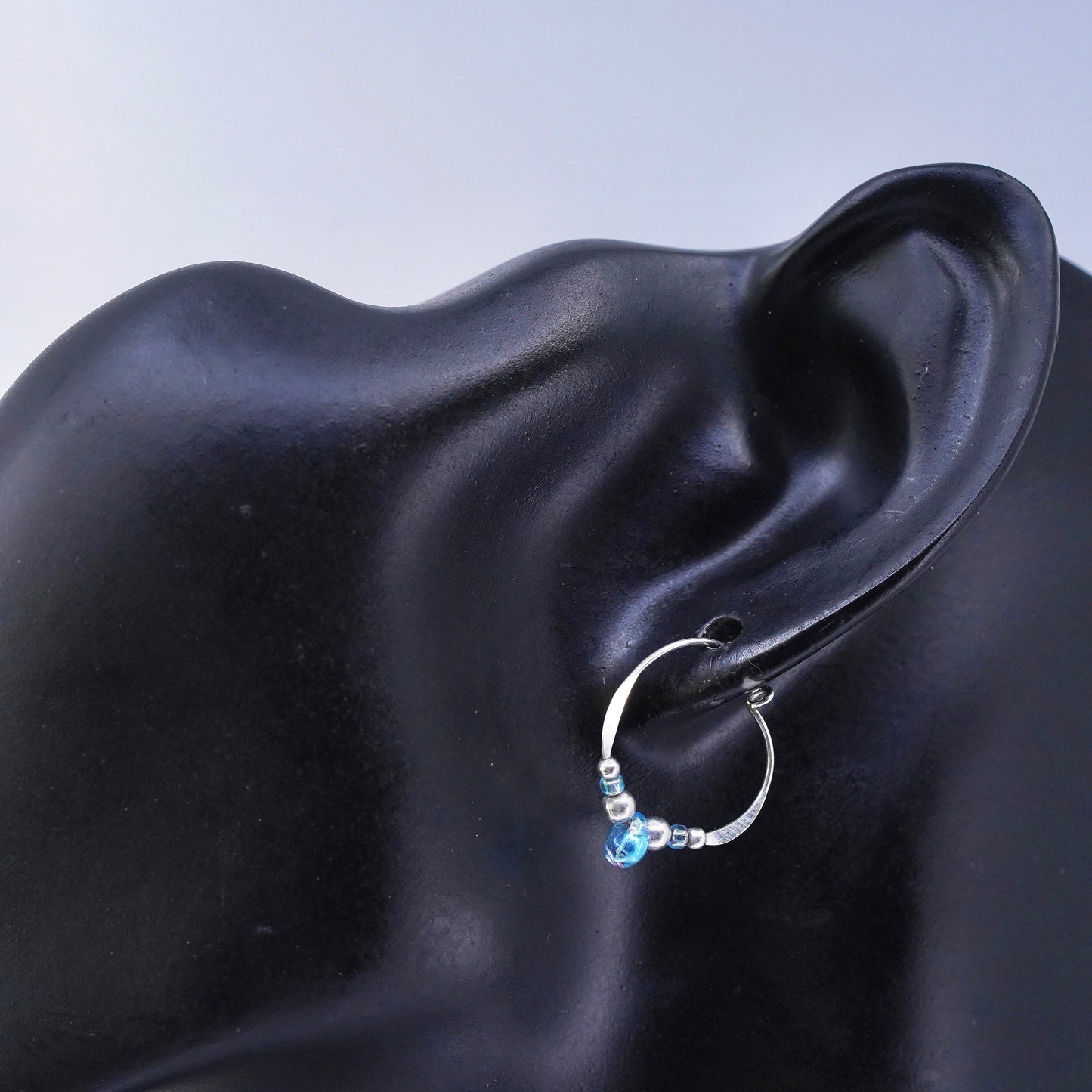 0.75”, Sterling silver handmade earrings, 925 hoops with blue glass beads