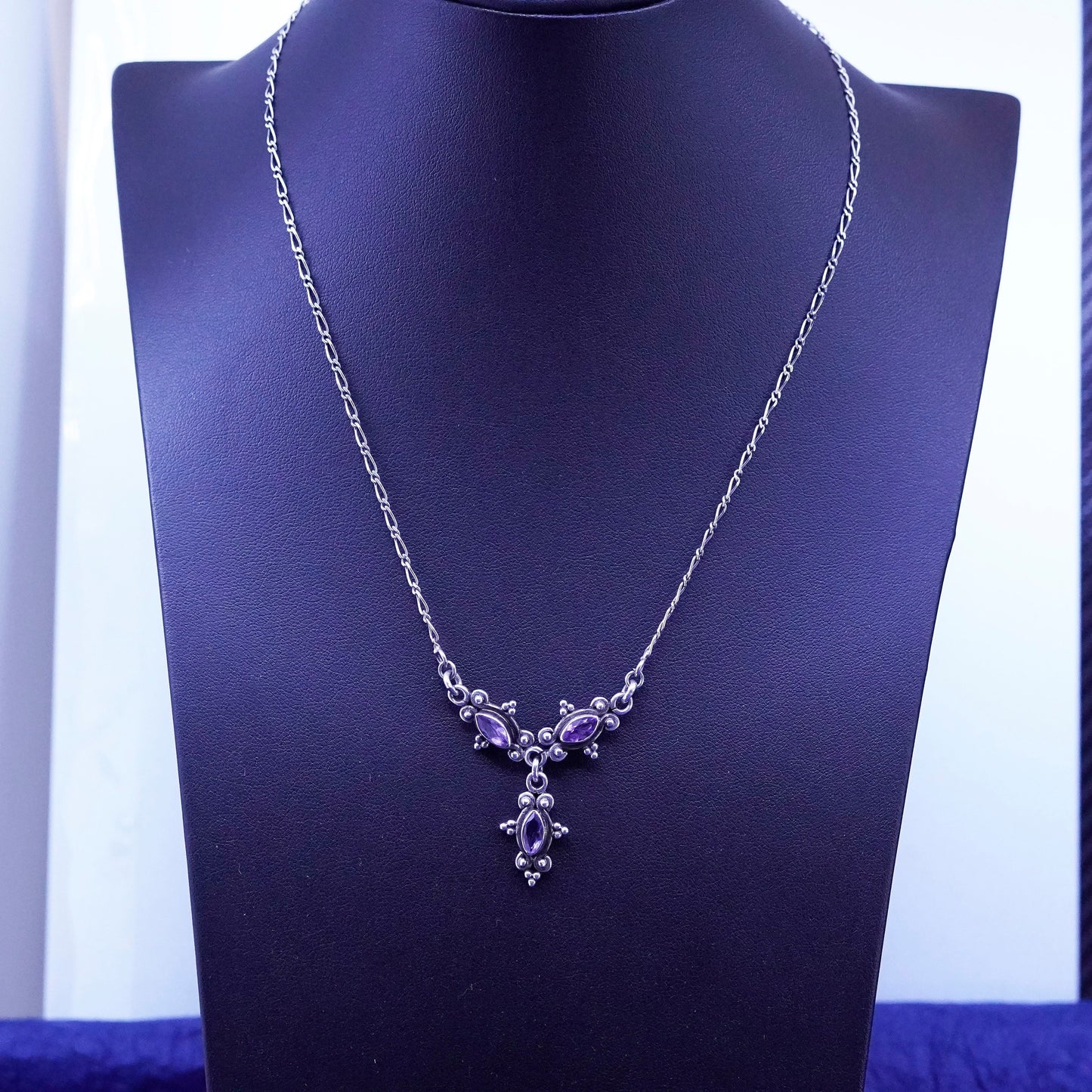 16”, Sterling silver handmade necklace, 925 figure chain amethyst pendant beads