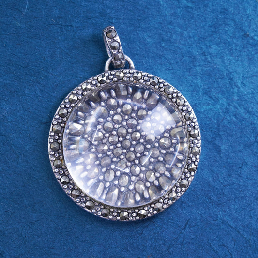 Vintage Sterling 925 silver handmade circle pendant with marcasite details