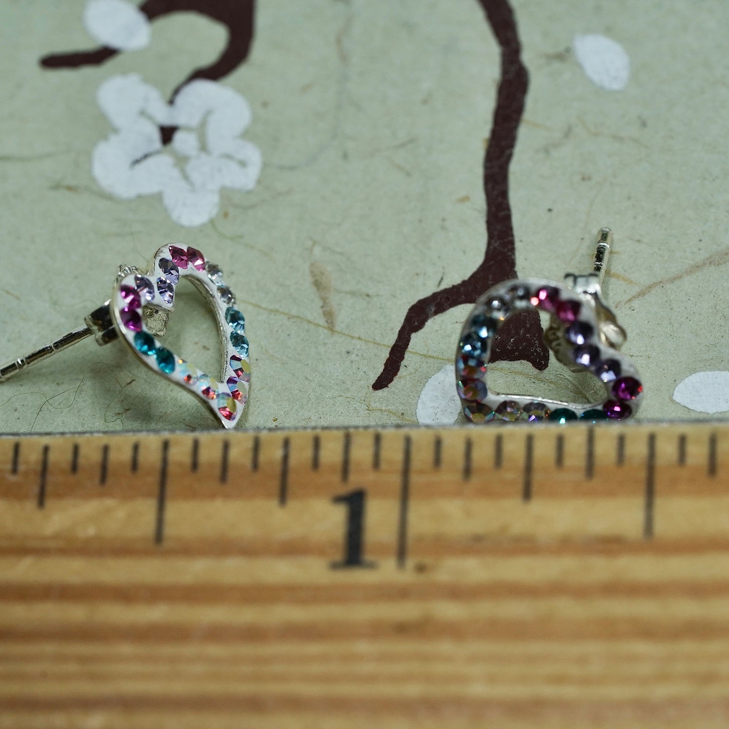 Vintage sterling silver rainbow cz studs, 925 heart earrings