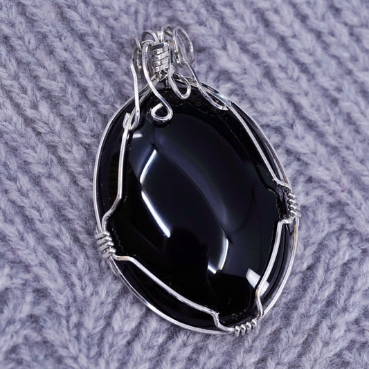 Vintage mexico sterling 925 silver handmade pendant with huge oval onyx