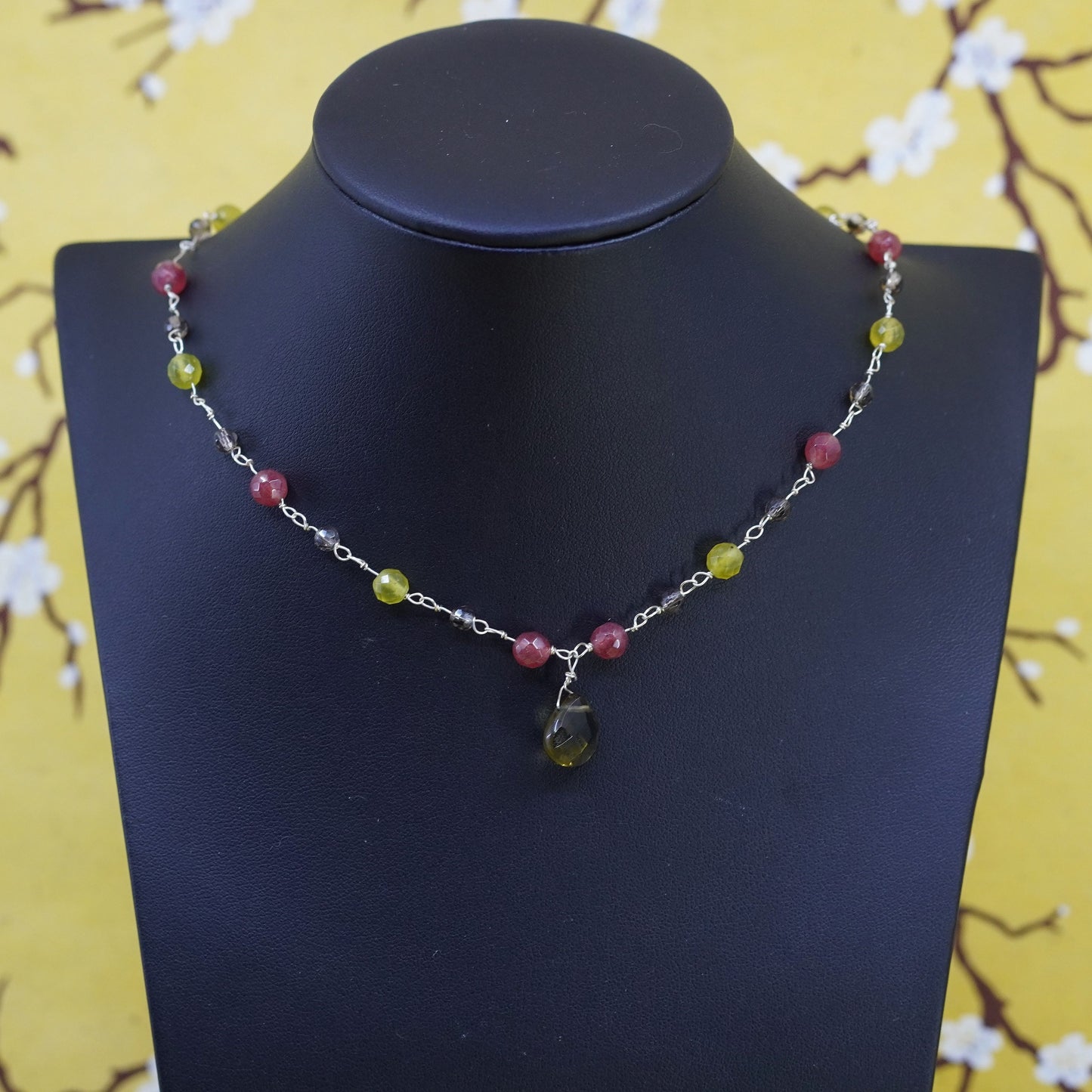 18”, sterling silver necklace, 925 chain with peridot ruby smoky quartz pendant