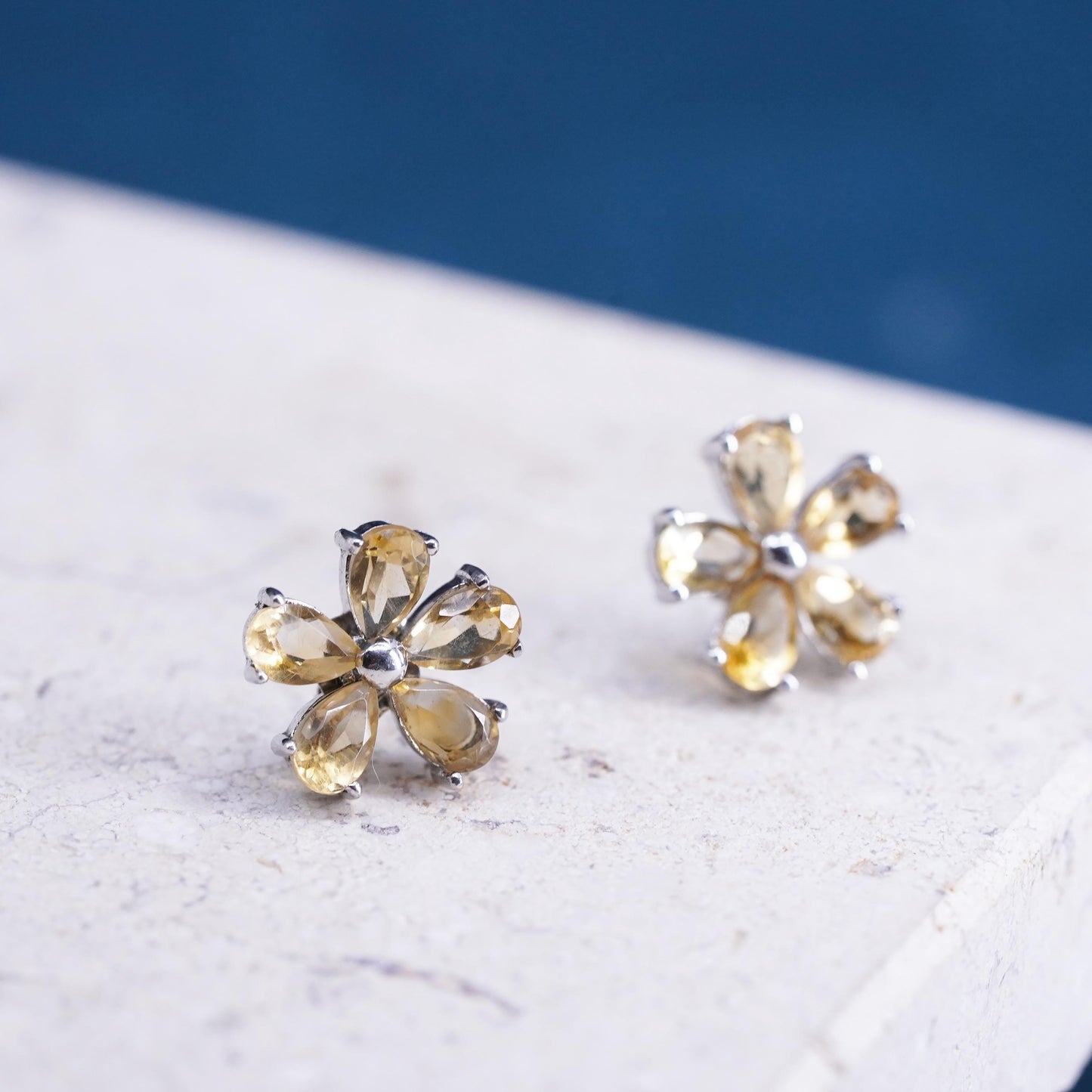 Vintage Sterling silver handmade earrings, 925 flower studs with citrine