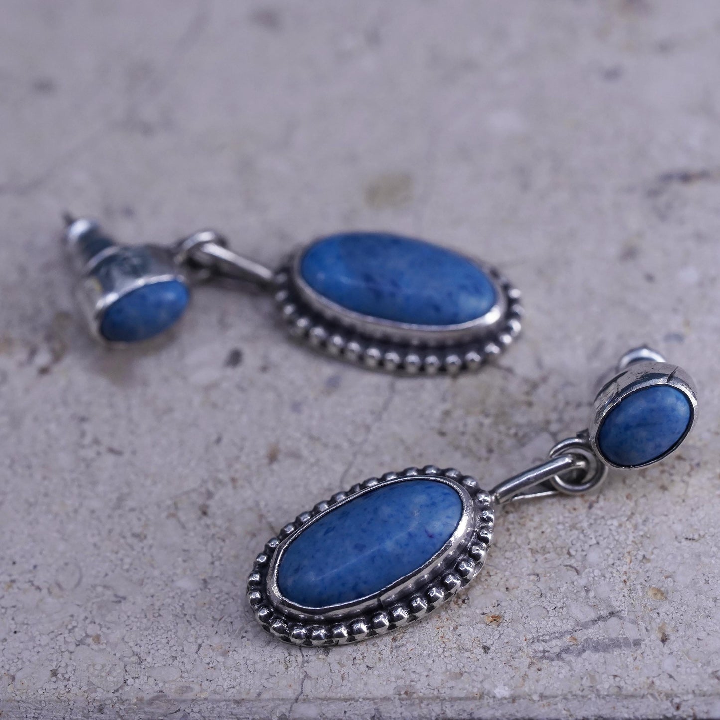 Native American Sterling silver earrings, 925 dangles with denim lapis lazuli