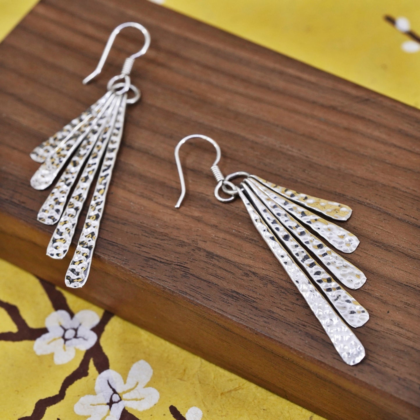 Vintage Mexican Sterling silver handmade earrings, 925 Hammered long dangles