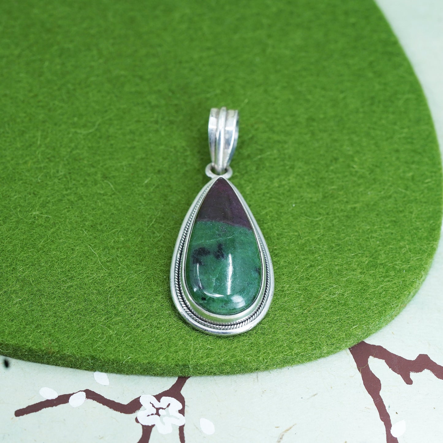 Vintage sterling silver handmade pendant, Mexican 925 teardrop w/ ruby zoisite