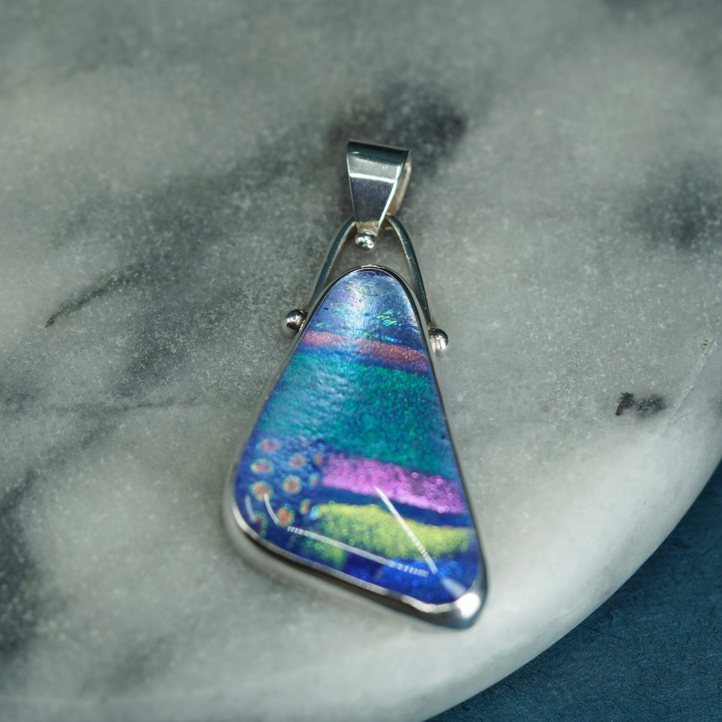 Native American 925 Sterling silver handmade pendant with blue foiled glass