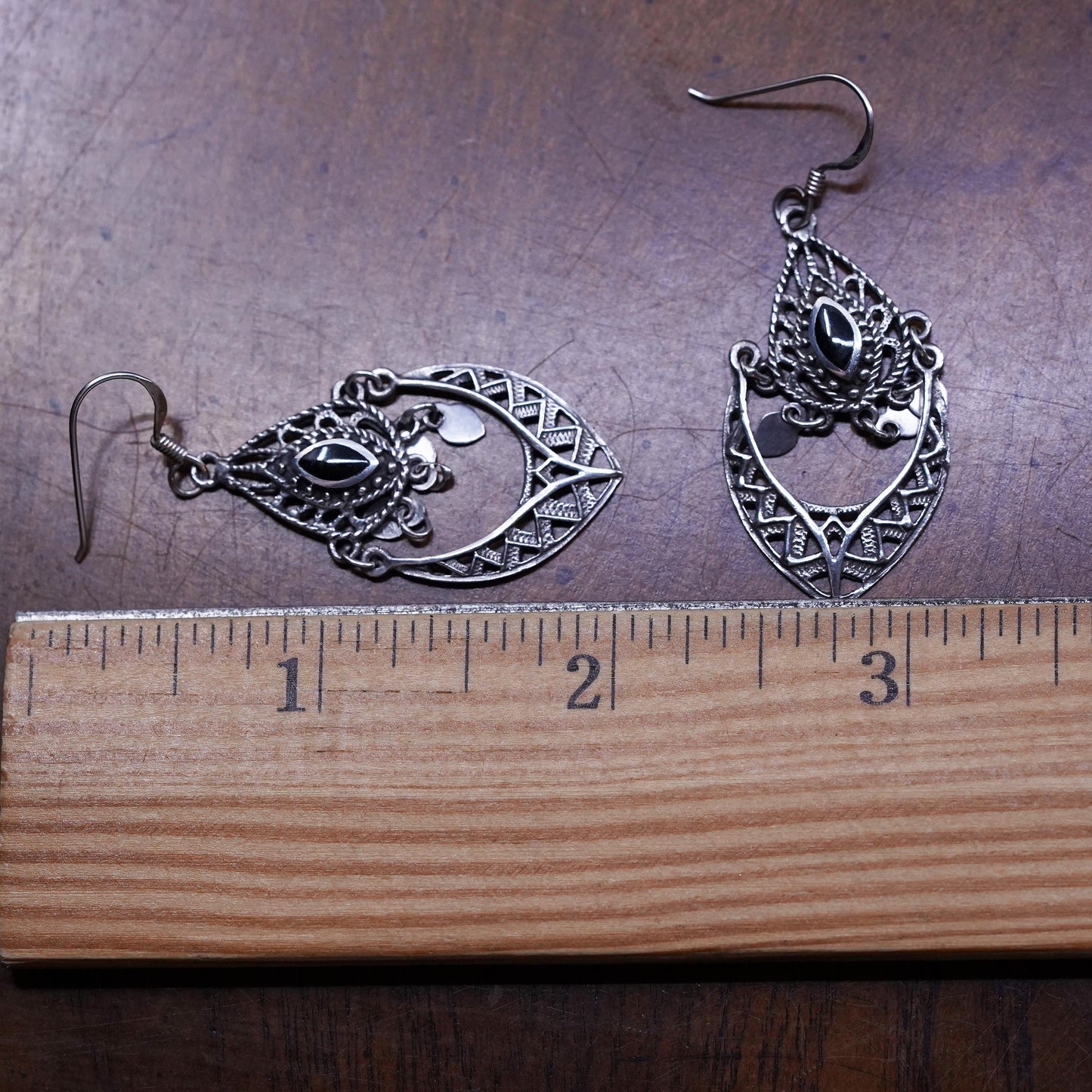 Vintage Sterling 925 Silver filigree Earrings with onyx inlay fridge dangles