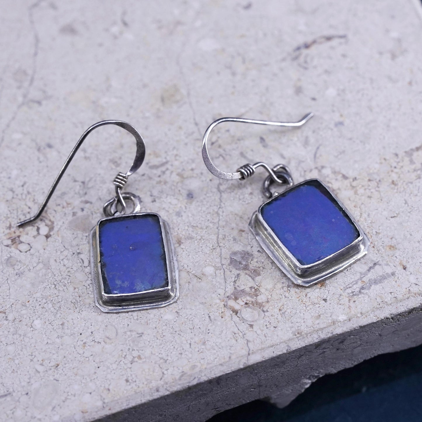 Vintage southwestern sterling 925 silver rectangular earrings with blue onyx