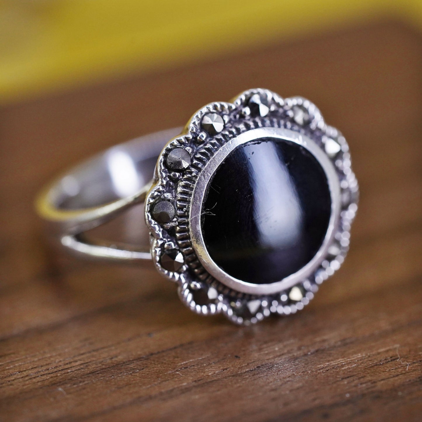 Size 9.25, Sterling 925 silver handmade ring with black onyx and marcasite