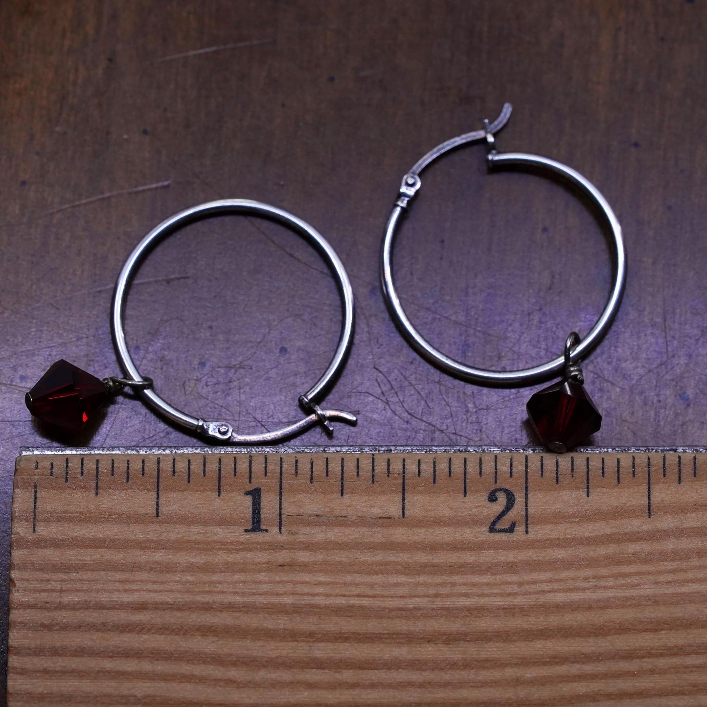 1”, Vintage sterling silver loop earrings, primitive hoops with red crystal