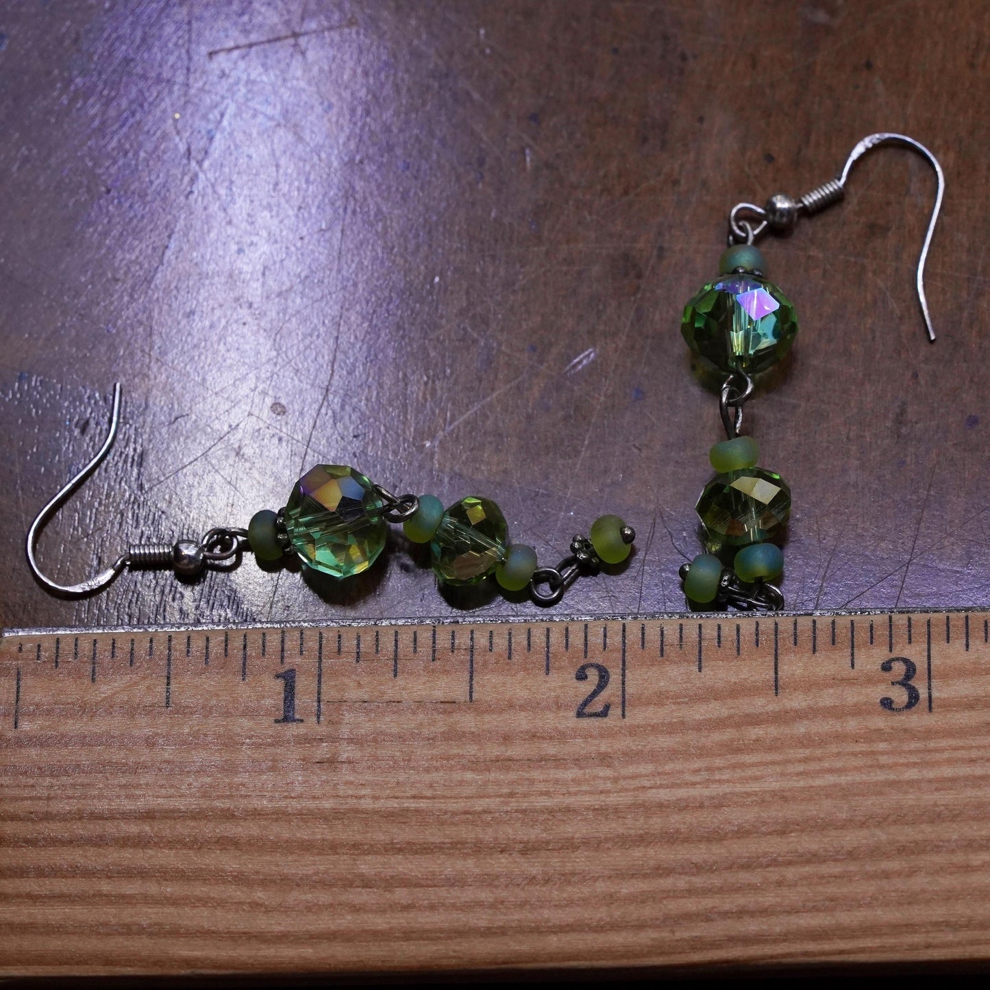 Vintage sterling silver handmade earrings, 925 silver with green crystal drops