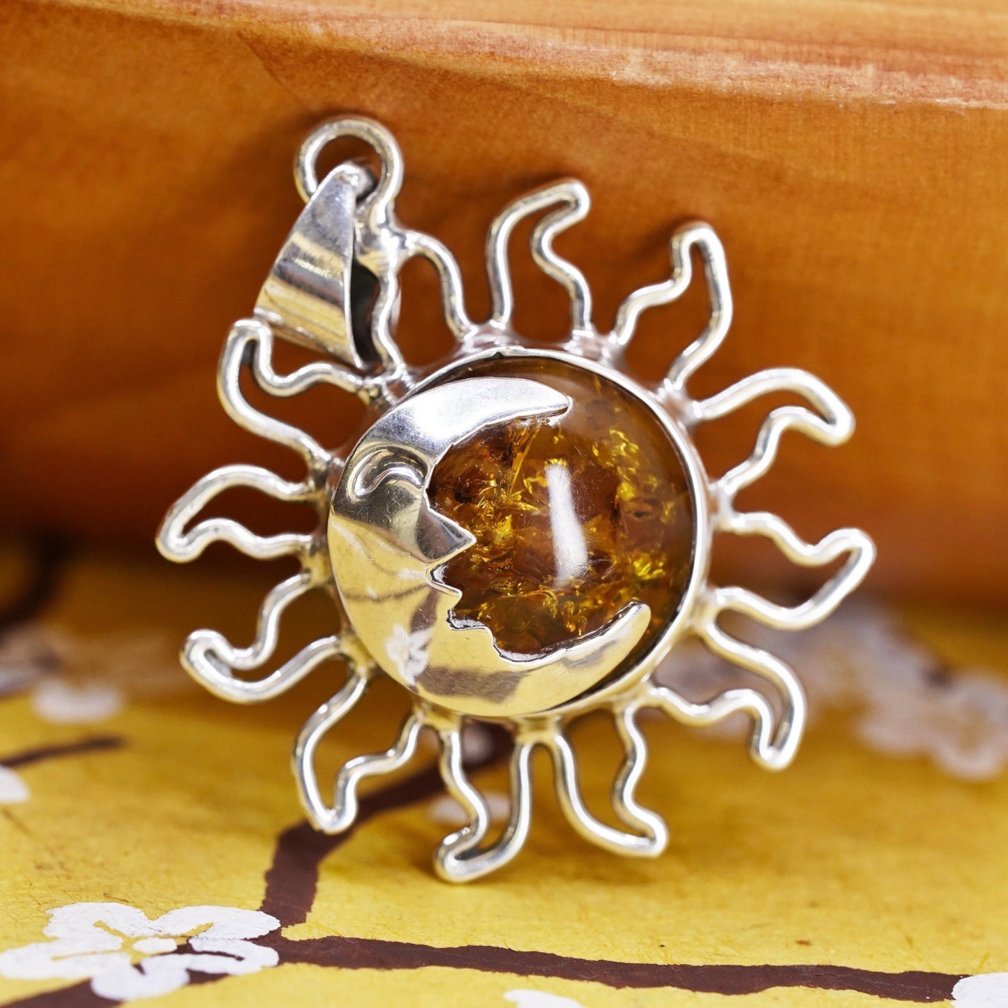 Vintage Sterling 925 silver handmade Sun pendant with Amber and moonface