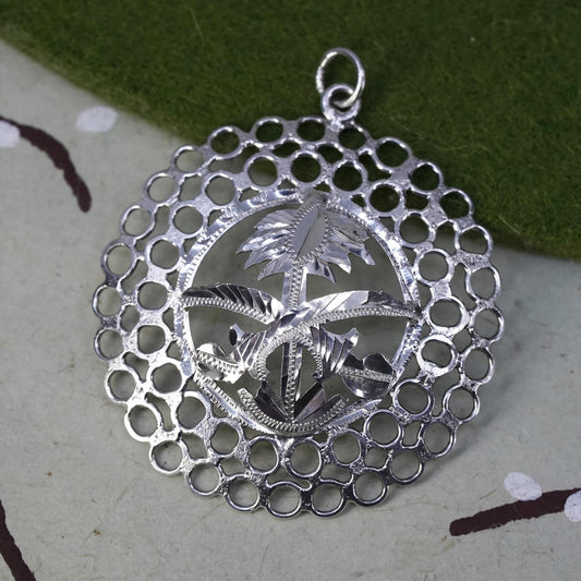 vintage sterling silver handmade pendant, 925 filigree circle with swords