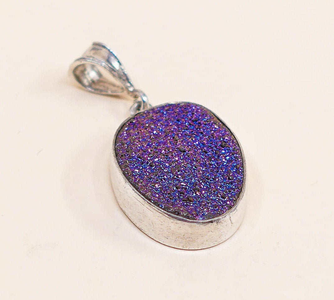 VTG handmade sterling silver pendant, Mexico 925 w/ oval blue N purple druzy