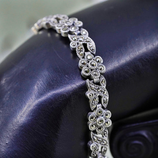7”, vintage Sterling 925 Silver Handmade tennis Bracelet with marcasite flowers
