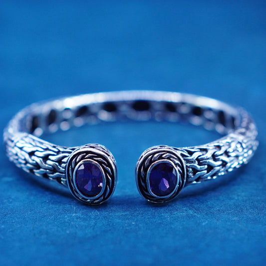 6.5”, sterling silver handmade bracelet, 925 cable cuff with amethyst ends