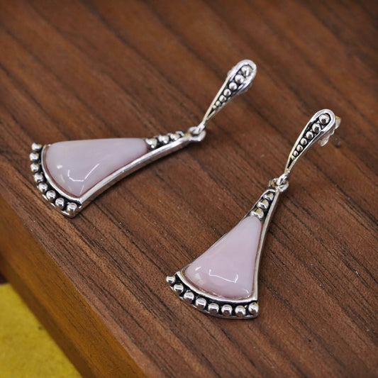 Vintage Sterling 925 silver handmade earrings with teardrop pink rose quartz