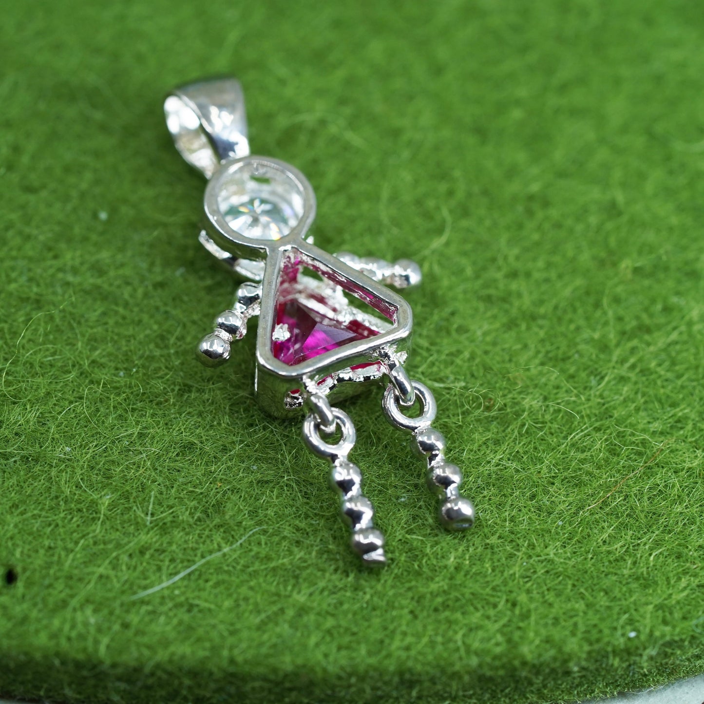 Vintage sterling 925 silver birthstone pendant with ruby girl figure charm