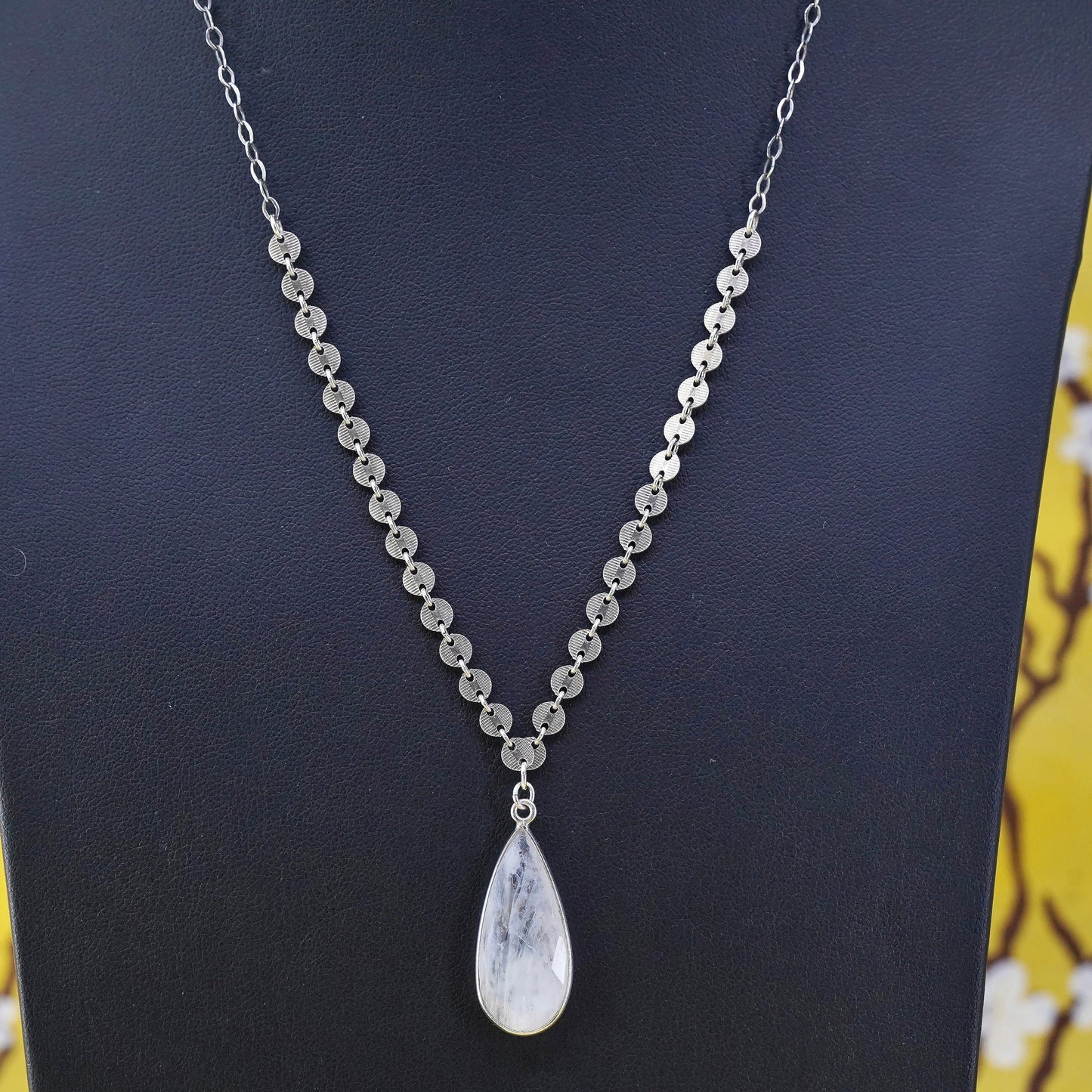 18", sterling silver necklace, 925 circle chain teardrop moonstone pendant