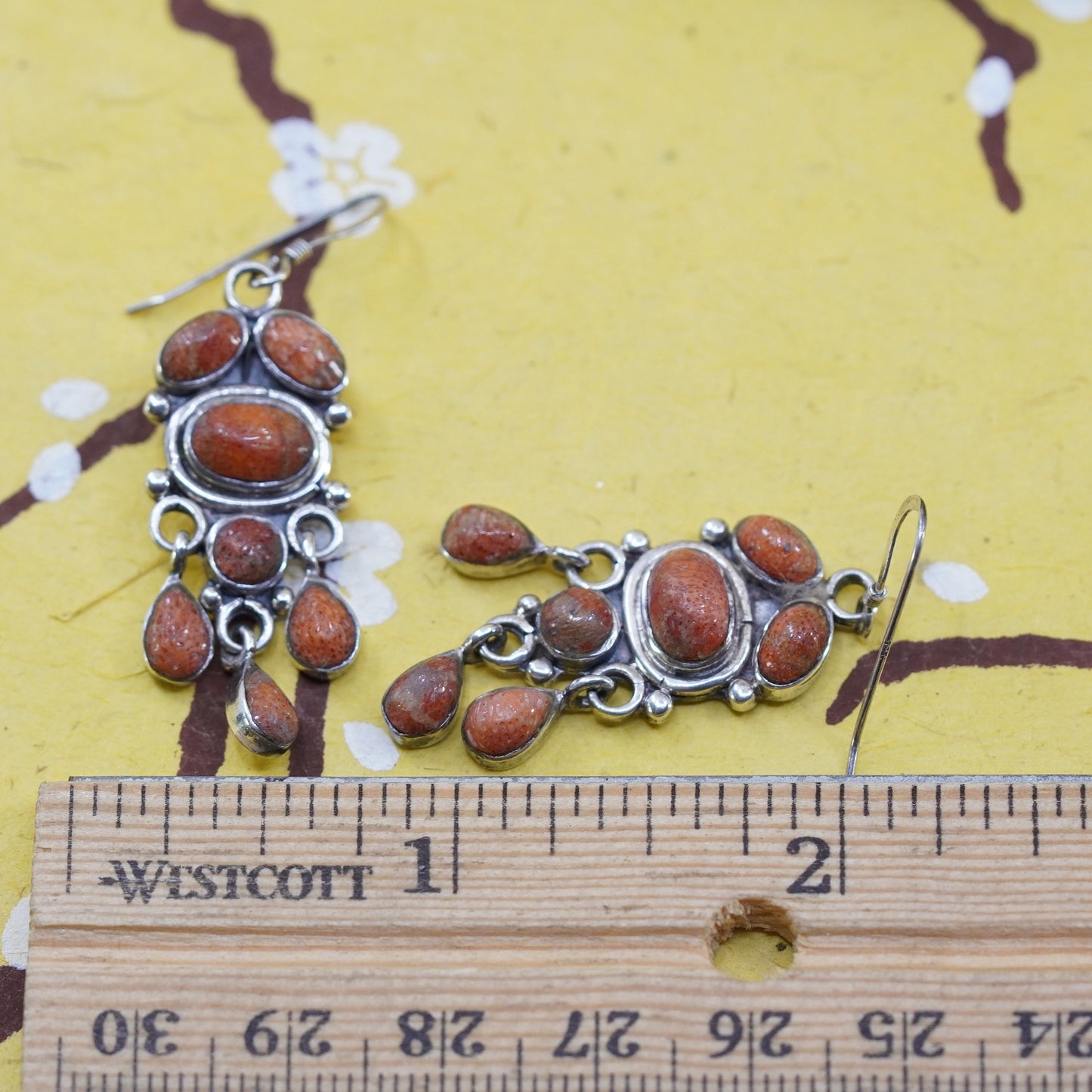 Native American signed SUN RAYS Sterling 925 silver handmade earrings w/ coral