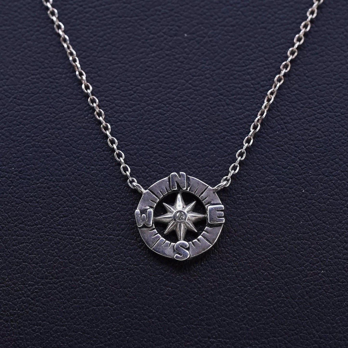 16+2”, Vintage sterling silver necklace, 925 circle chain with compass pendant