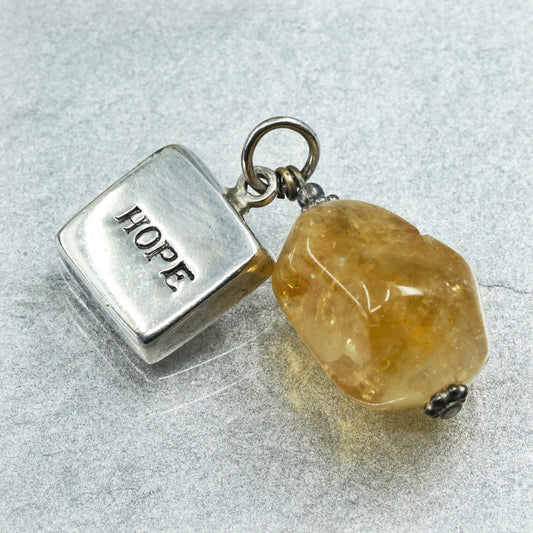 Vintage sterling 925 silver handmade “Hope” charm pendant with citrine nugget