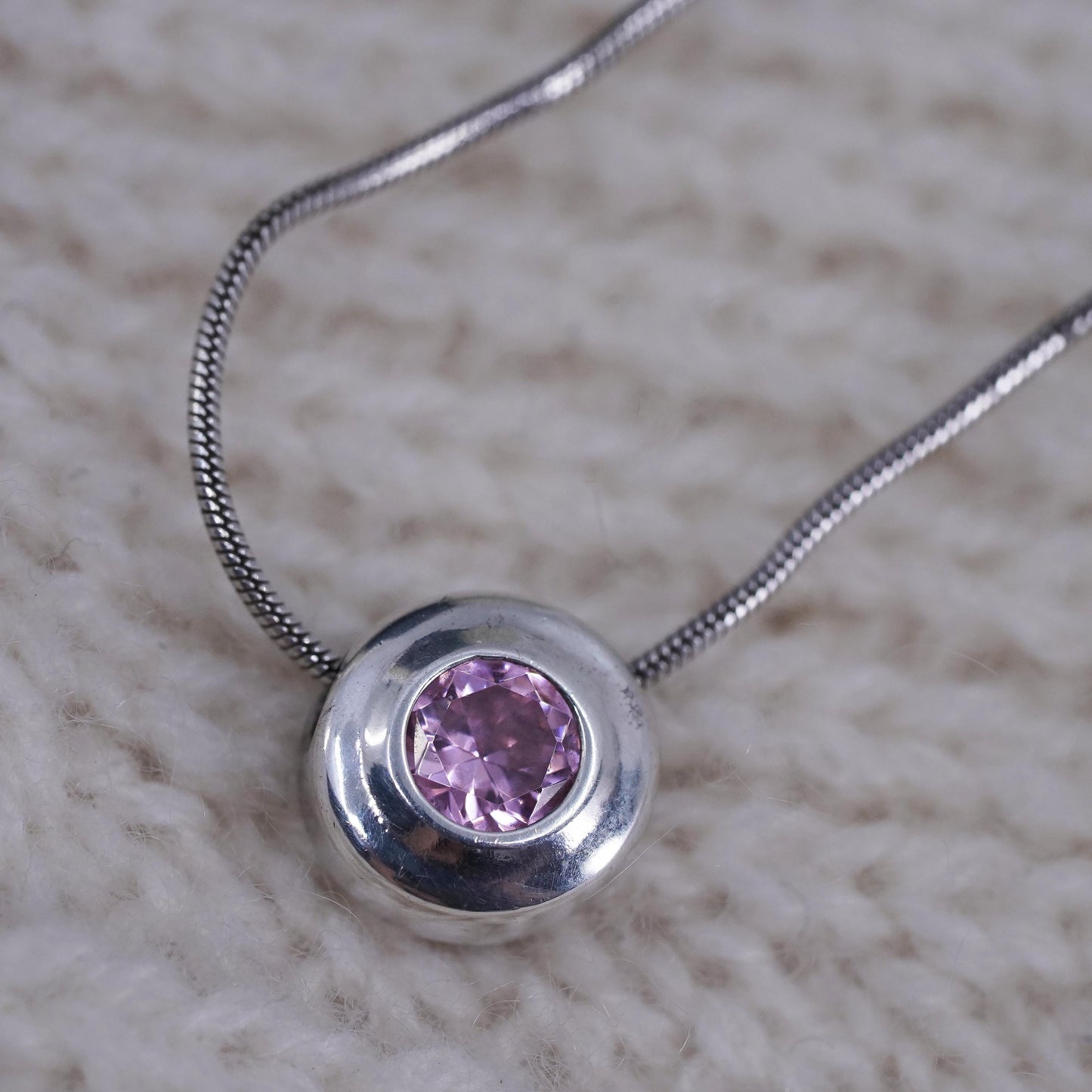 16", Sterling 925 silver snake chain necklace with pink crystal circle pendant