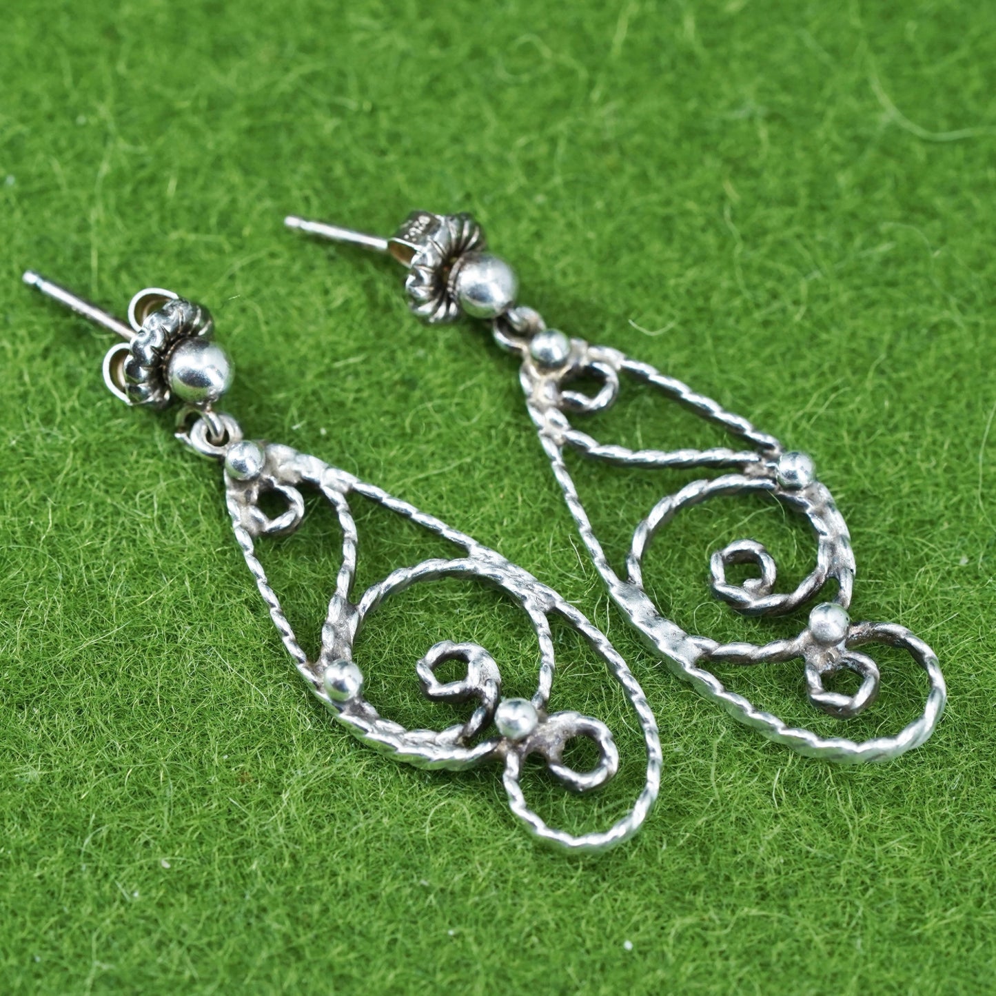 Vintage Sterling silver handmade earrings, 925 filigree sprial symbol