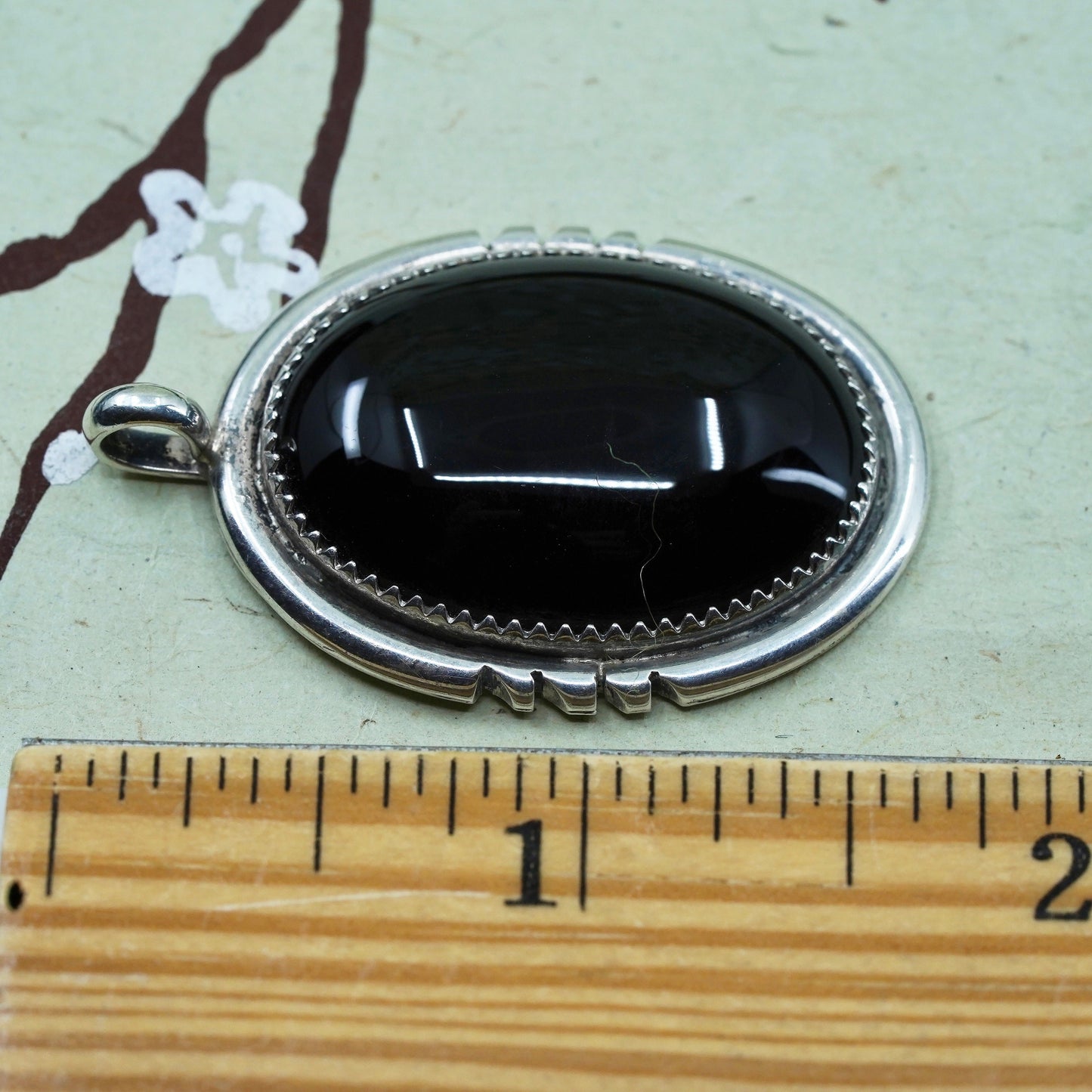 Native American Navajo JG sterling silver floral feather, 925 oval onyx pendant